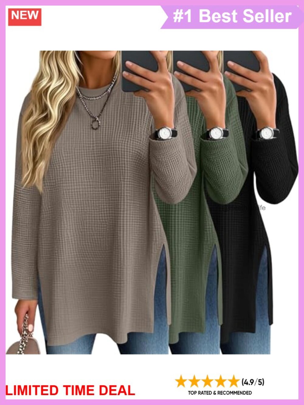 Waffle Knit Long Sleeve Oversized Crew Neck Side Slit Tops 3 Pack
